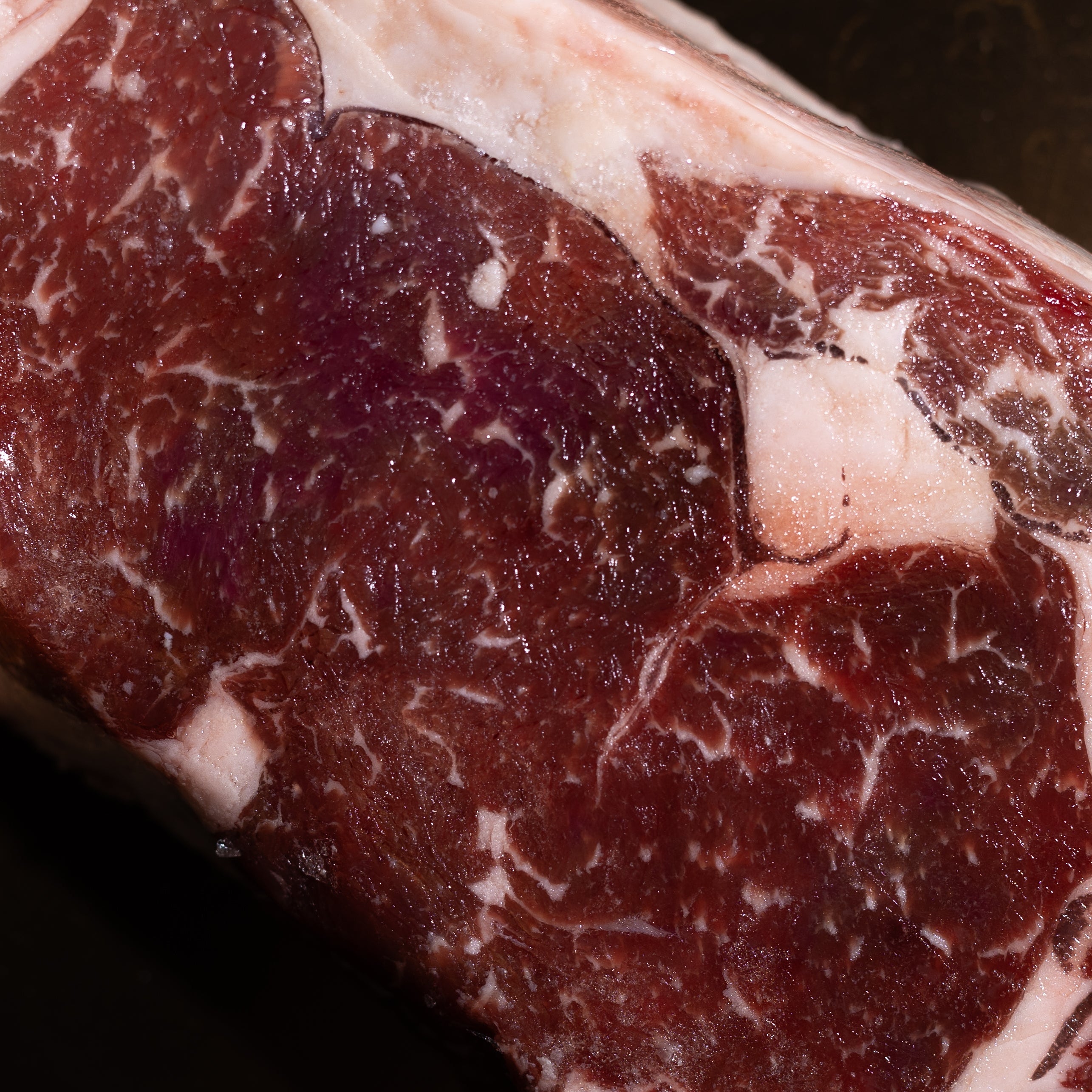 A close-up of a raw marbled cut of red meat with white fat against a dark background.